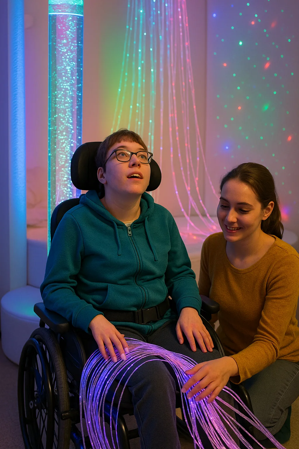 Résident en seance de relaxation dans une salle Snoezelen